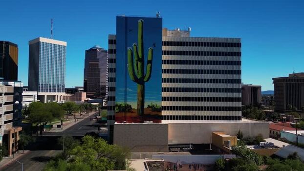 Aerial view of cactus mural on building United States. Aerial view of cactus mural on building United States.