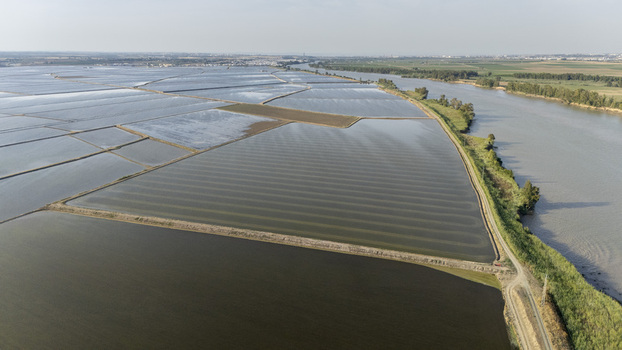 Aerial view of the flooded rice fields of Isla Minima along the Guadalquivir river under a clear sky in Coria del Rio Andalusia Spain. Aerial view of the flooded rice fields of Isla Minima along the Guadalquivir river under a clear sky in Coria del Rio Andalusia Spain.