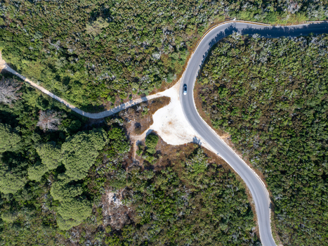 Aerial view of Passo del Monumento featuring a winding road cutting through dense Mediterranean scrub with a car driving along the curve in Campo nell Elba Toscana Italy.