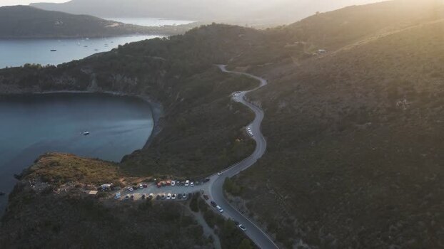 Aerial View of Lacona bay at sunset Elba Island Tuscany Italy.
