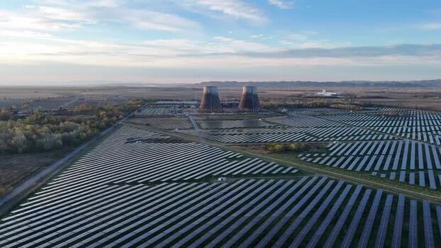 Aerial view of solar park Italy.