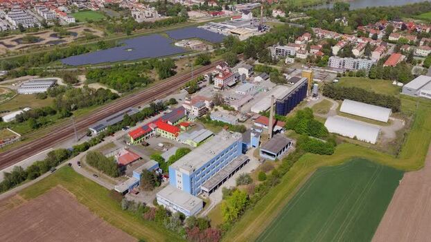 Aerial view of industrial buildings and railway tracks Czechia. Aerial view of industrial buildings and railway tracks Czechia.