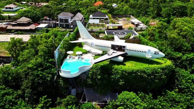 Aerial view of converted Boeing 737 villa in Bali Indonesia.