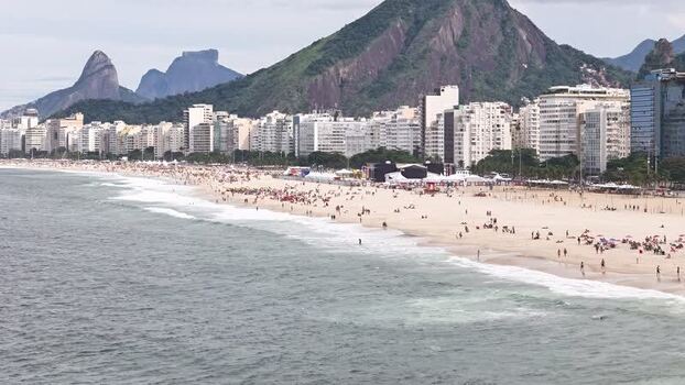 Aerial view of Copacabana Beach and city skyline Brazil.