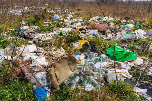 View of an illegal dumping site with scattered household waste plastic bags glass jars and an old handbag discarded in overgrown grass near Lake Varna Varna Bulgaria. View of an illegal dumping site with scattered household waste plastic bags glass jars and an old handbag discarded in overgrown grass near Lake Varna Varna Bulgaria.