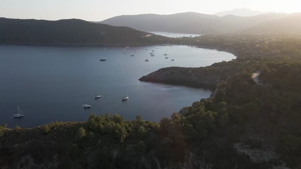 Aerial View of Lacona bay at sunset Elba Island Tuscany Italy.