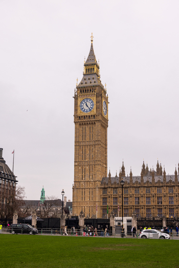 London United Kingdom 12 May 2025 View of Big Ben and the Palace of Westminster with its iconic Gothic architecture under an overcast sky.