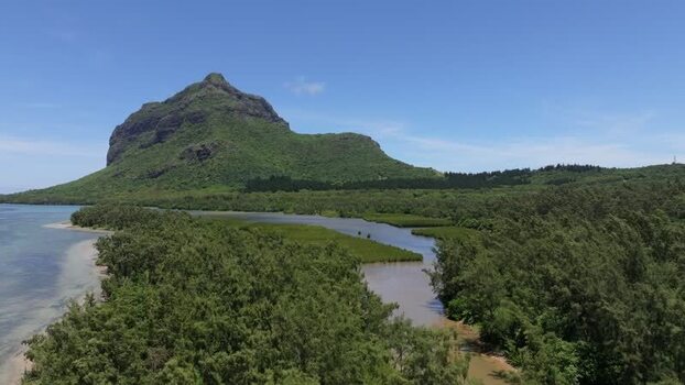 Aerial view of Le Morne Brabant mountain and coastal forest Mauritius.