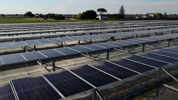 Aerial view of solar farm in Faenza Italy.