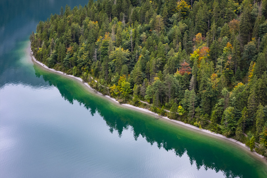 Aerial view of the emerald waters gently kissing the forested shore a symphony of greens and blues Plansee Tyrol Austria. Aerial view of the emerald waters gently kissing the forested shore a symphony of greens and blues Plansee Tyrol Austria.