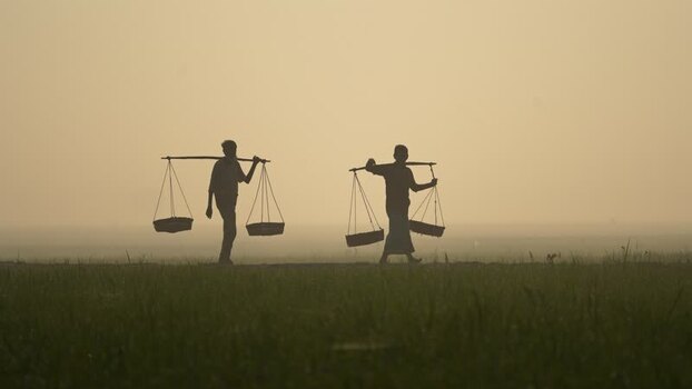 View of farmers carrying baskets at sunrise in Bogura Bangladesh. View of farmers carrying baskets at sunrise in Bogura Bangladesh.