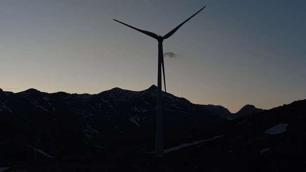 Aerial view of San Gottardo wind Park at twilight Switzerland.