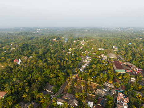 Aerial view of lush tropical vegetation residential houses and a winding road under a hazy sky Galle Southern Province Sri Lanka.