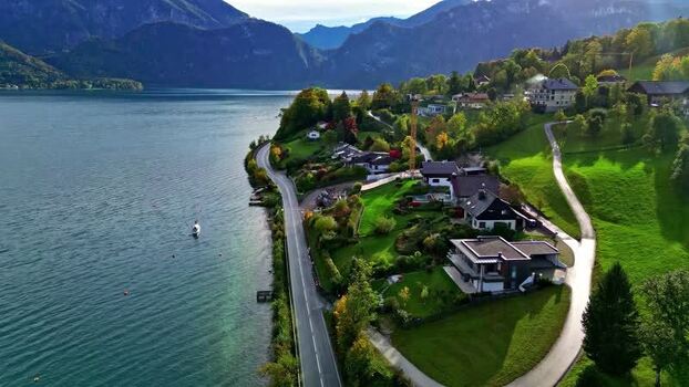 Aerial view of Attersee lake and surrounding landscape Austria.