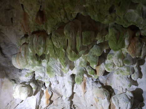 View of intricate stalactites and stalagmites covered in green moss inside Vrelo Cave in Matka Komuna e Sopishtes North Macedonia.