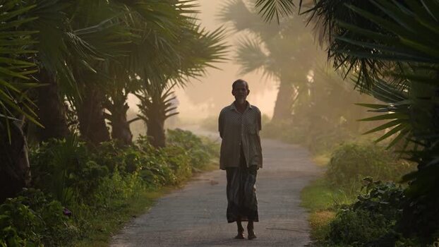 View of a man walking on a rural path lined with palm trees Bangladesh. View of a man walking on a rural path lined with palm trees Bangladesh.