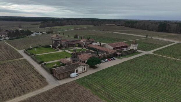 Aerial view of Chateau Smith Haut Lafitte and vineyards France.