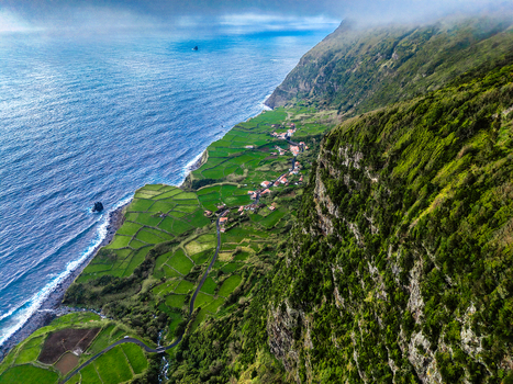 Aerial view of vibrant green fields meet the rugged coastline near Faj&atilde; Grande Azores Portugal.