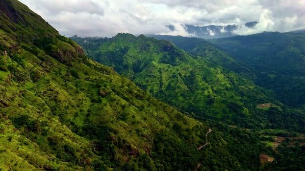Aerial view of lush green mountain range in Sri Lanka.