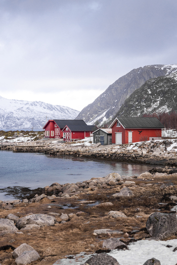 View of traditional red wooden cabins along a rocky shoreline with snow capped mountains under a cloudy sky in Kvaloya Troms Norway. View of traditional red wooden cabins along a rocky shoreline with snow capped mountains under a cloudy sky in Kvaloya Troms Norway.