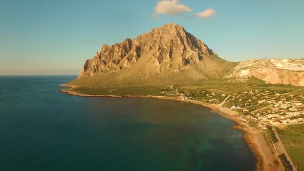 Aerial view of Mount Cofano and coastline Italy.
