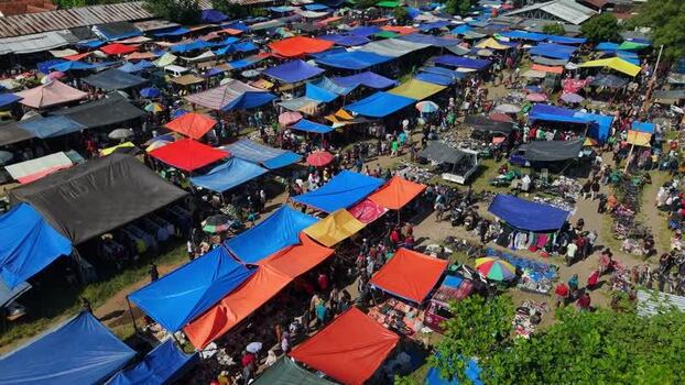 Aerial view of Bonyokan Pasar Legi market stalls Indonesia.