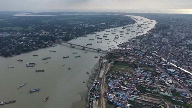 Aerial view of Karnaphuli River and bridge in Bangladesh.