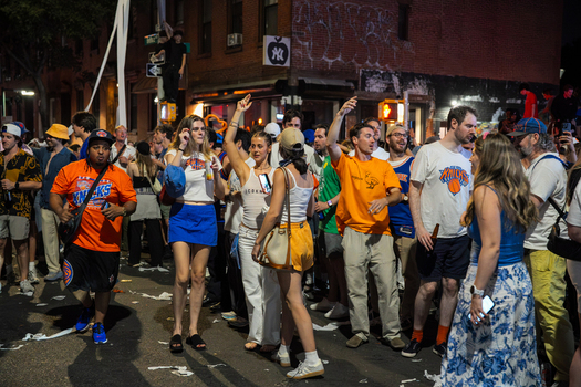 Williamsburg New York USA 14 June 2026 View of Knicks fans celebrating in the street after the NBA Championships with people wearing team jerseys and cheering in Brooklyn. Williamsburg New York USA 14 June 2026 View of Knicks fans celebrating in the street after the NBA Championships with people wearing team jerseys and cheering in Brooklyn.