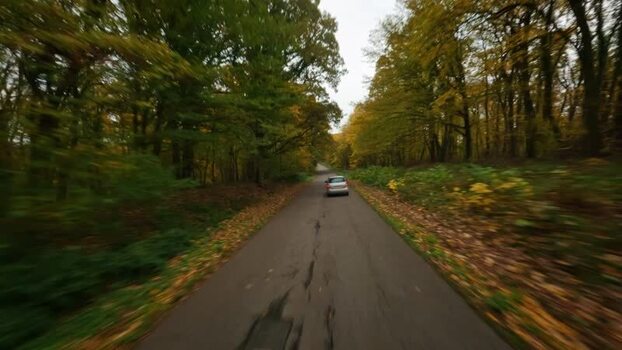 FPV aerial view of car driving through Fruska Gora forest SERBIA. FPV aerial view of car driving through Fruska Gora forest SERBIA.
