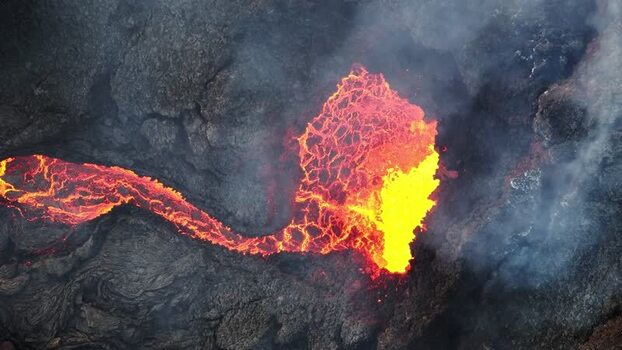 Aerial view of Sundhnukur Volcano lava flow Iceland.
