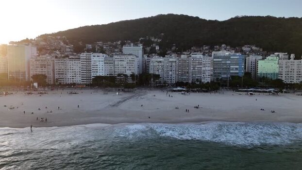 Aerial view of Copacabana Beach and city skyline Brazil.