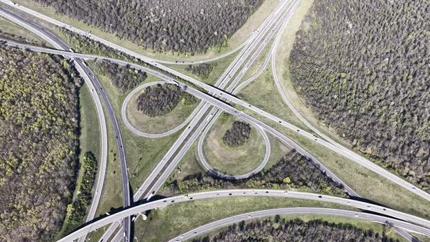 Aerial view of highway interchange cloverleaf France.