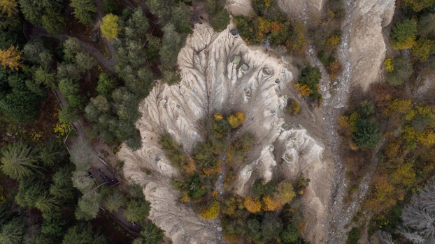 Aerial view of Erdpyramiden Percha showing unique geological earth formations surrounded by dense autumn forest and winding footpaths in Plata Trentino Alto Adige Italy.