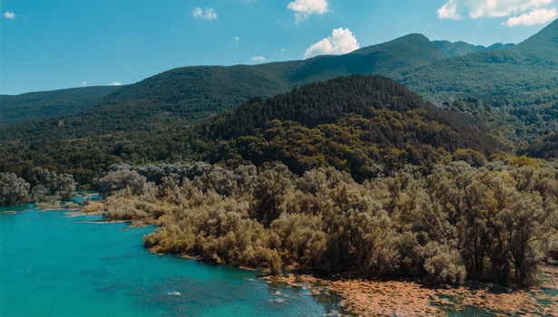 Aerial view of Lago di Barrea surrounded by lush green forests and mountains under a clear blue sky in Province of L Aquila Abruzzo Italy.