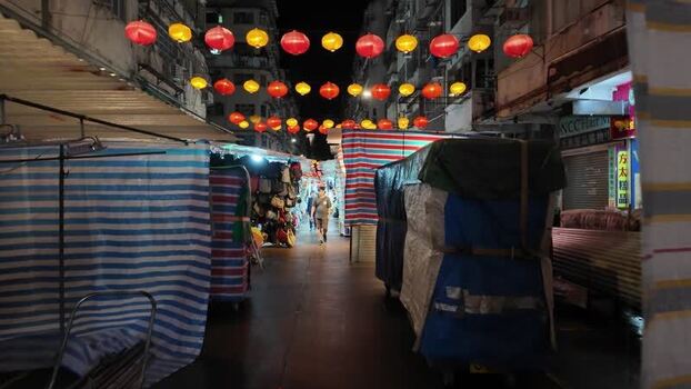 View of a night market illuminated by lanterns in Hong Kong.