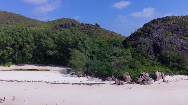 Aerial view of Curieuse Island beach in Baie Sainte Anne Seychelles.