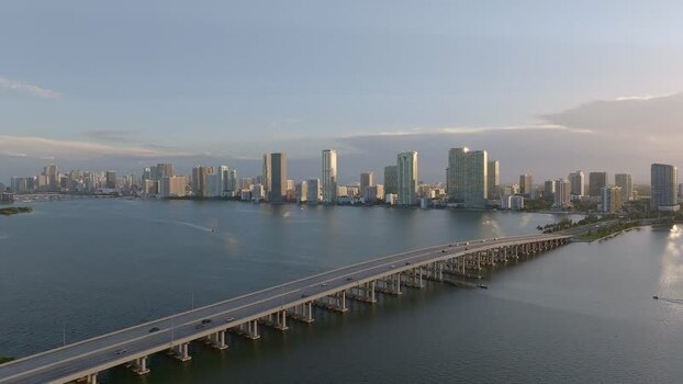 Aerial view of biscayne bay and skyline at sunset United States.