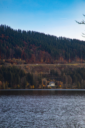 View of a solitary house on the shore of a calm lake surrounded by dense autumn forest and rolling hills in Breitnau Baden Wurttemberg Germany. View of a solitary house on the shore of a calm lake surrounded by dense autumn forest and rolling hills in Breitnau Baden Wurttemberg Germany.