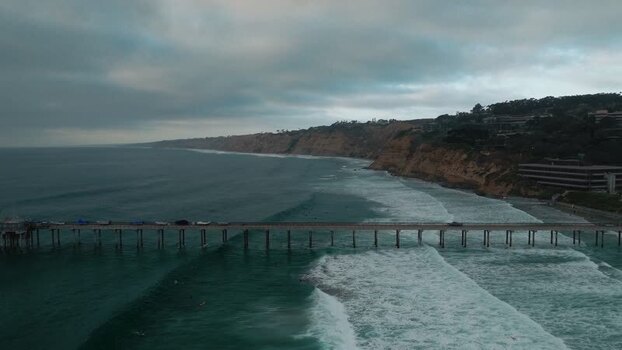 Aerial view of Scripps Pier and the Pacific coastline United States.