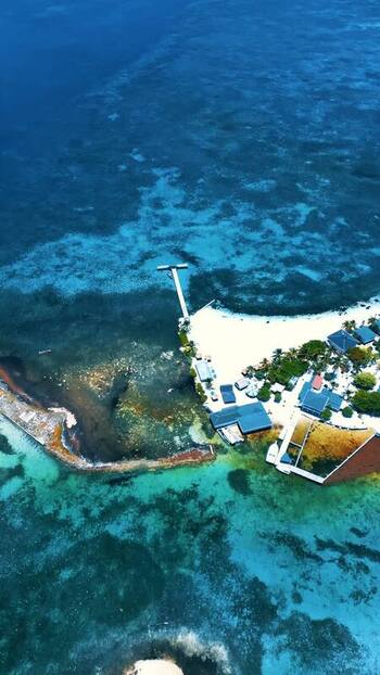 Aerial view of a tropical island with a pier and coral reefs Honduras. Aerial view of a tropical island with a pier and coral reefs Honduras.