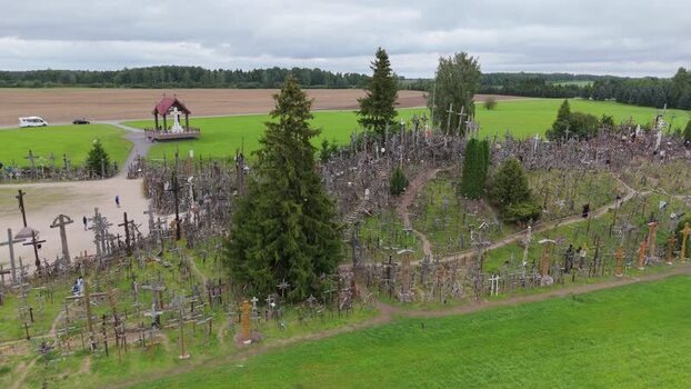 Aerial view of Hill of Crosses in Jurgaiciai Lithuania.