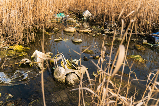 View of plastic waste and debris polluting the marshy shoreline of Lake Varna Varna Bulgaria. View of plastic waste and debris polluting the marshy shoreline of Lake Varna Varna Bulgaria.