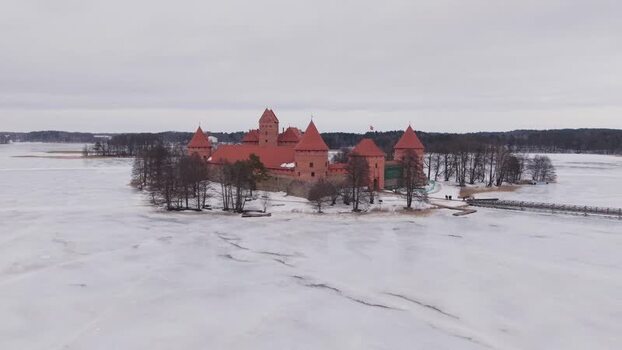 Aerial view of Trakai Castle Lithuania.