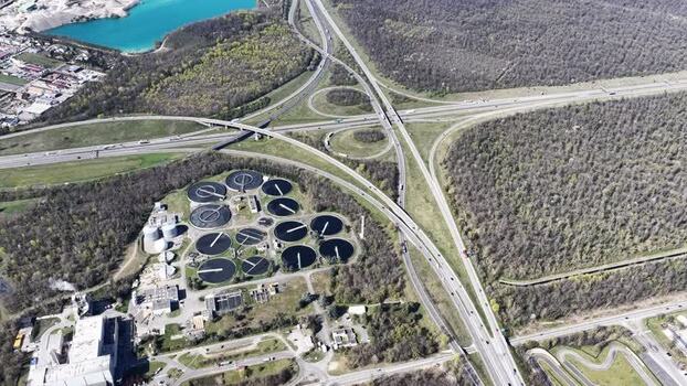Aerial view of water treatment plant France.