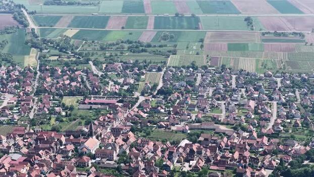 Aerial view of Selestat town and surrounding fields France.