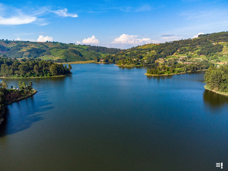 Aerial view of Lake Bunyonyi with lush green islands and rolling hills in Kabale Western Region Uganda.