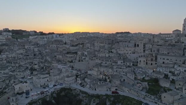 Aerial view of Sassi di Matera at sunset Italy.