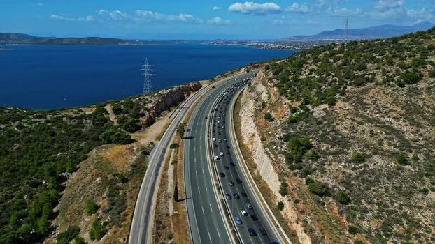 Aerial view of highway along the coast in Greece.