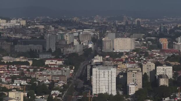 Aerial view of buildings and roads in Porto Portugal.