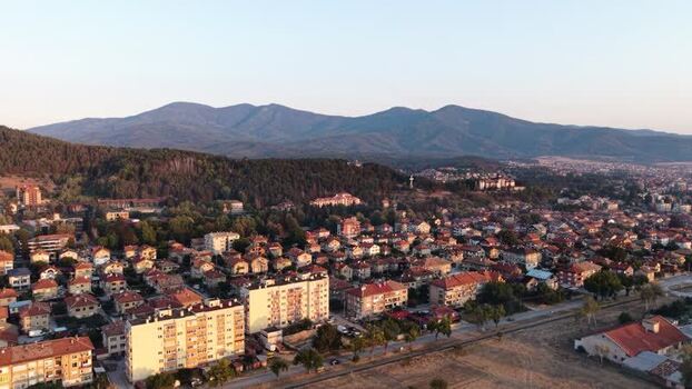Aerial view of Velingrad town with surrounding mountains Bulgaria.